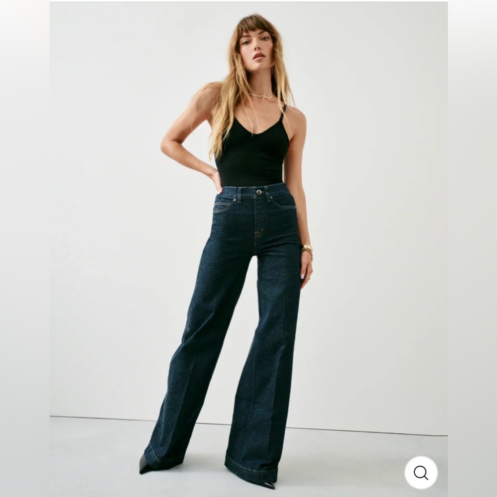 Spanx Wide Leg Jeans Womens Medium Raw Indigo High Rise Stretch Denim